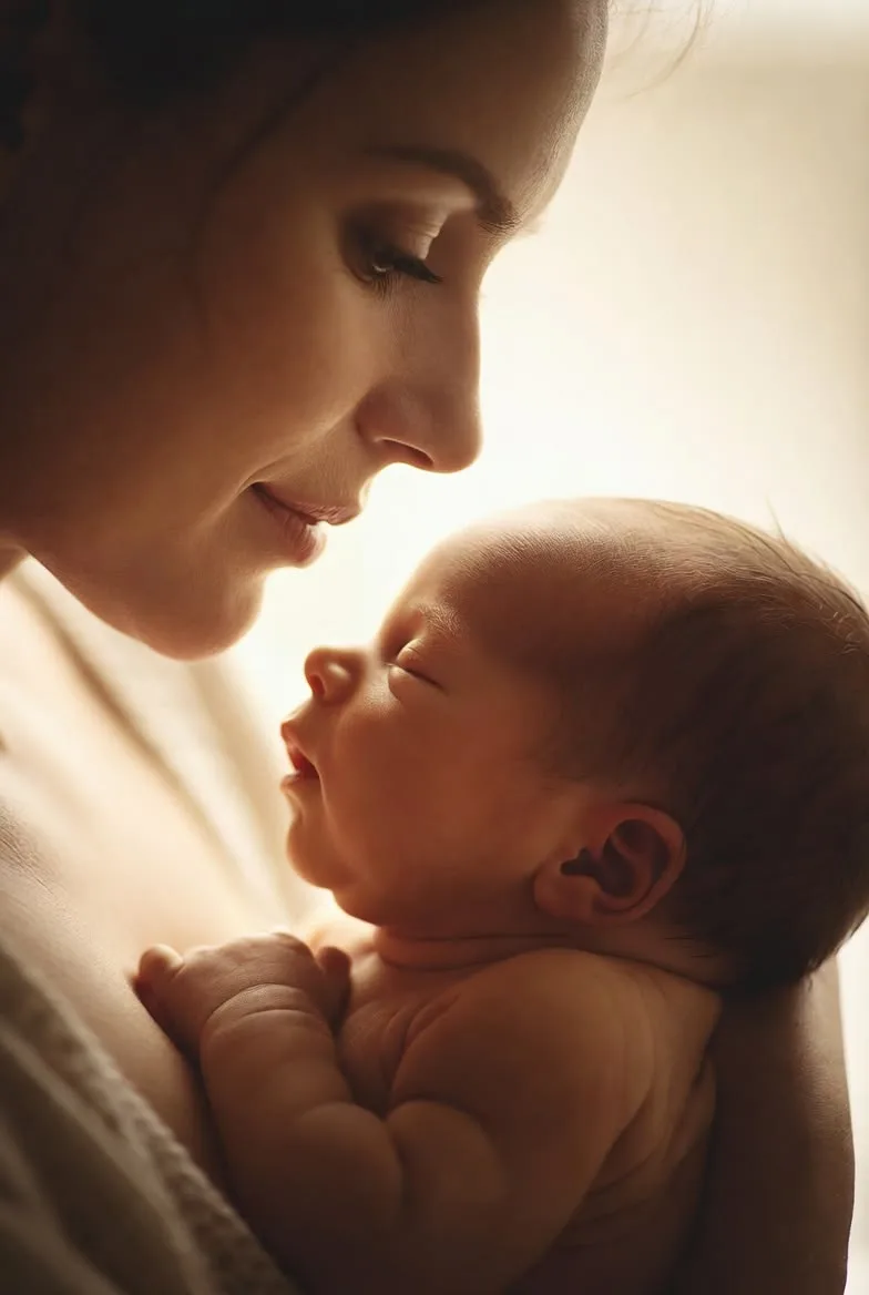 A mother in profile looking down at her sleeping newborn held against her chest